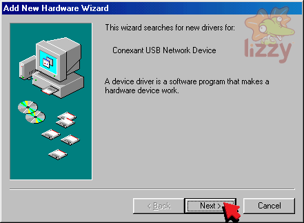 Add New Hardware Wizard for a Conexant USB Network Device. 