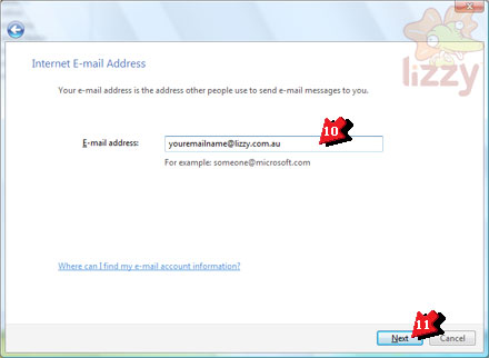 Windows Mail 'Internet E-mail Address' with 'E-mail address' highlighted. 