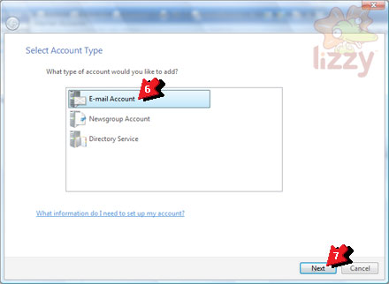 Windows Mail 'Select Account Type' with 'E-mail Account' highlighted. 