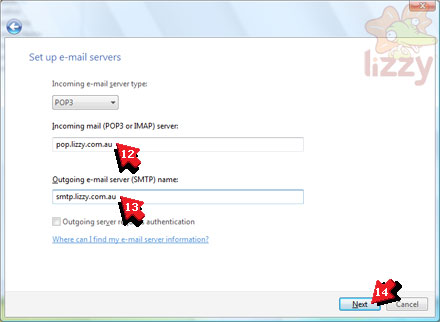 Windows Mail 'Set up e-mail servers' with 'Incoming mail' and 'Outgoing e-mail' servers highlighted. 