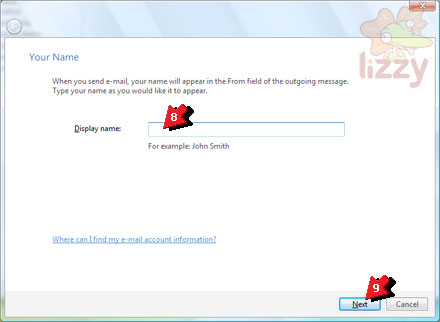 Windows Mail 'Your Name' with 'Display name' highlighted. 