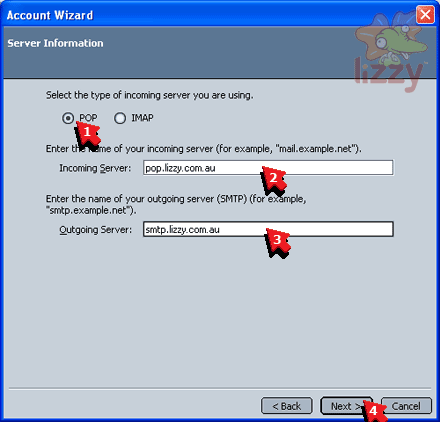 Mail & Newsgroups Account wizard's Server Information window. 