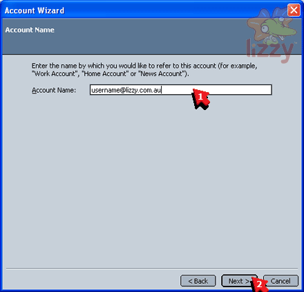 Mail & Newsgroups Account wizard's Account Name window. 