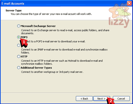 E-mail Accounts wizard Server Type. 