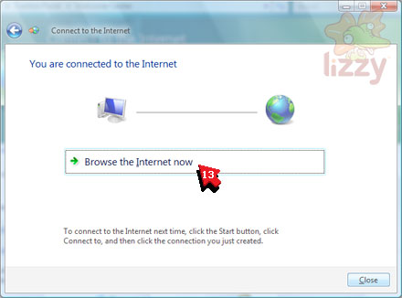 'You are connected to the Internet' message with 'Browse the Internet now' highlighted. 