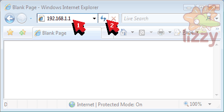 Internet Explorer with 192.168.1.1 typed into the address bar. 