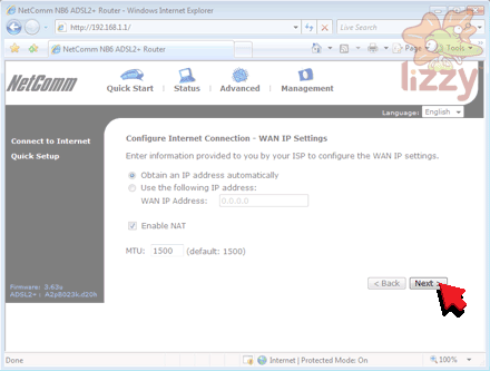 NetComm NB6 Quick Setup page 3 with 'Obtain an IP address automatically' chosen, 'Enable NAT' ticked and MTU set to 1500. 