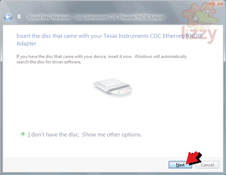 'Insert the disc that came with your Texas Instruments CDC Ethernet/RNDIS Adapter' window. 