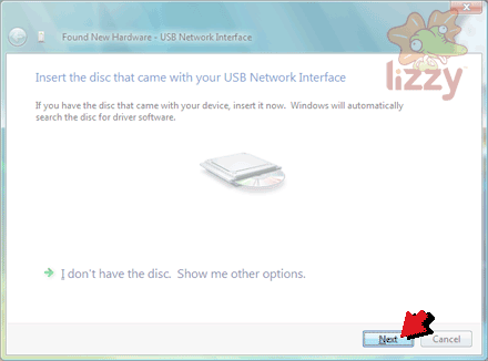 'Insert the disc that came with your USB Network Interface' window. 
