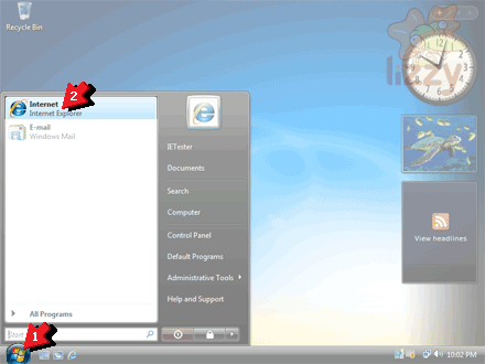 Desktop with Start menu open and the Internet button highlighted. 